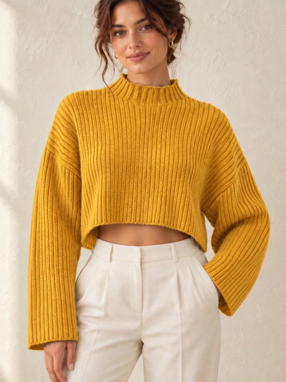 MIMOSA Golden Yellow Ribbed Mock Neck Cropped Sweater Size Small
